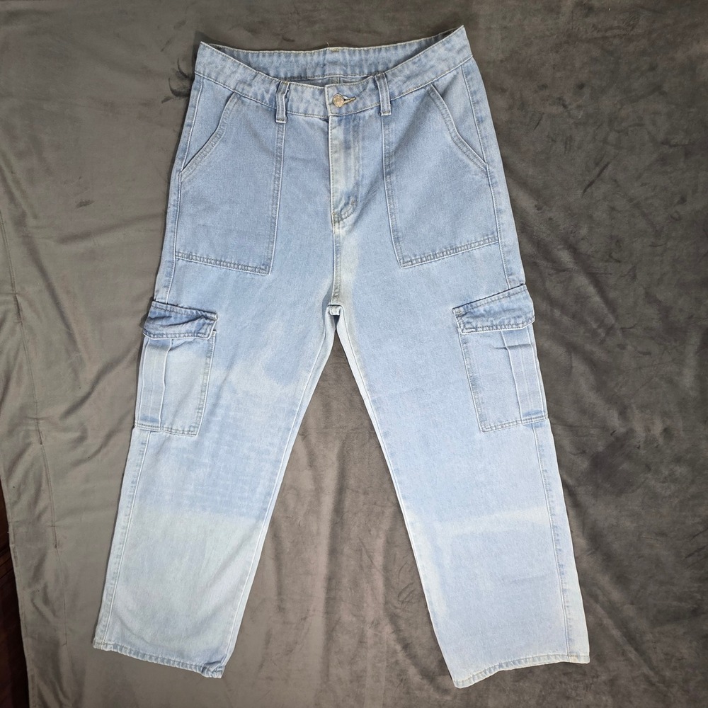 SHEIN Light Wash High Rise Straight Leg Cargo Jeans Light Blue Denim Size M
